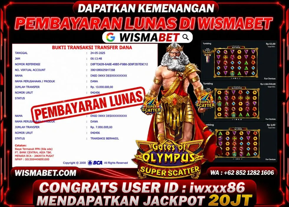 Wismabet - BUKTI KEMENANGAN Gates Of Olympus Superscatter Rp20,000,000,- LUNAS